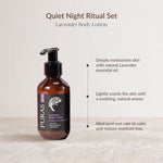PURAS Quiet Night Ritual Set Lavender Body Lotion in an amber glass pump bottle with a black label, shown on a light beige textured background with descriptive text.