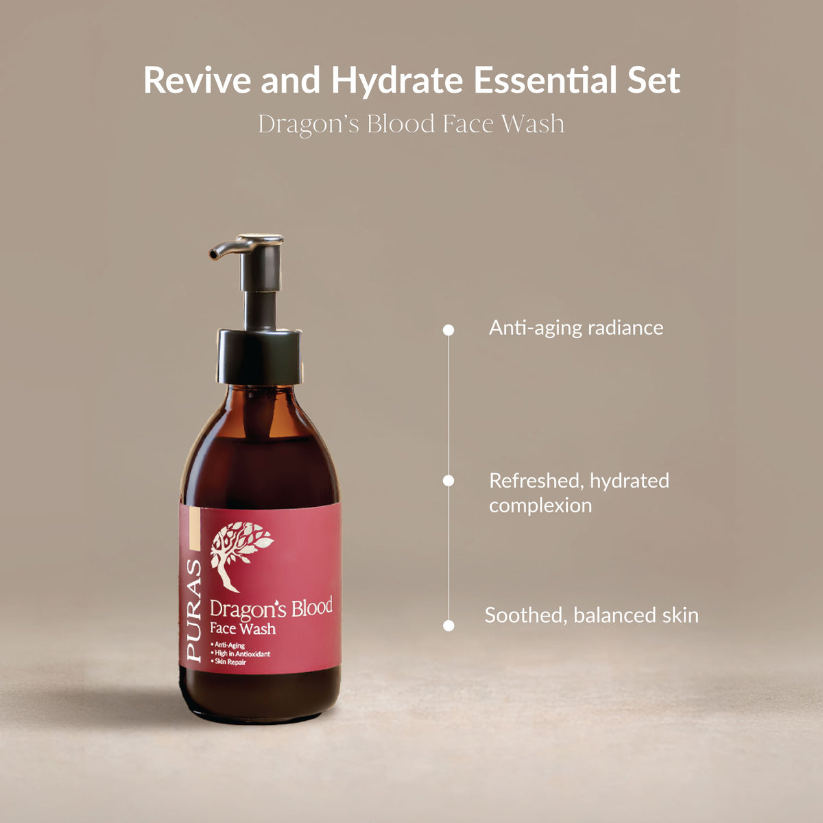 Puras Dragon's Blood Face Wash in an amber glass pump bottle with a pink label, set against a warm beige background with descriptive marketing text.