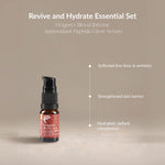 A small amber pump bottle labeled Dragon's Blood Intense Antioxidant Peptide Glow Serum stands on a warm beige background with marketing text above and feature callouts to the right.
