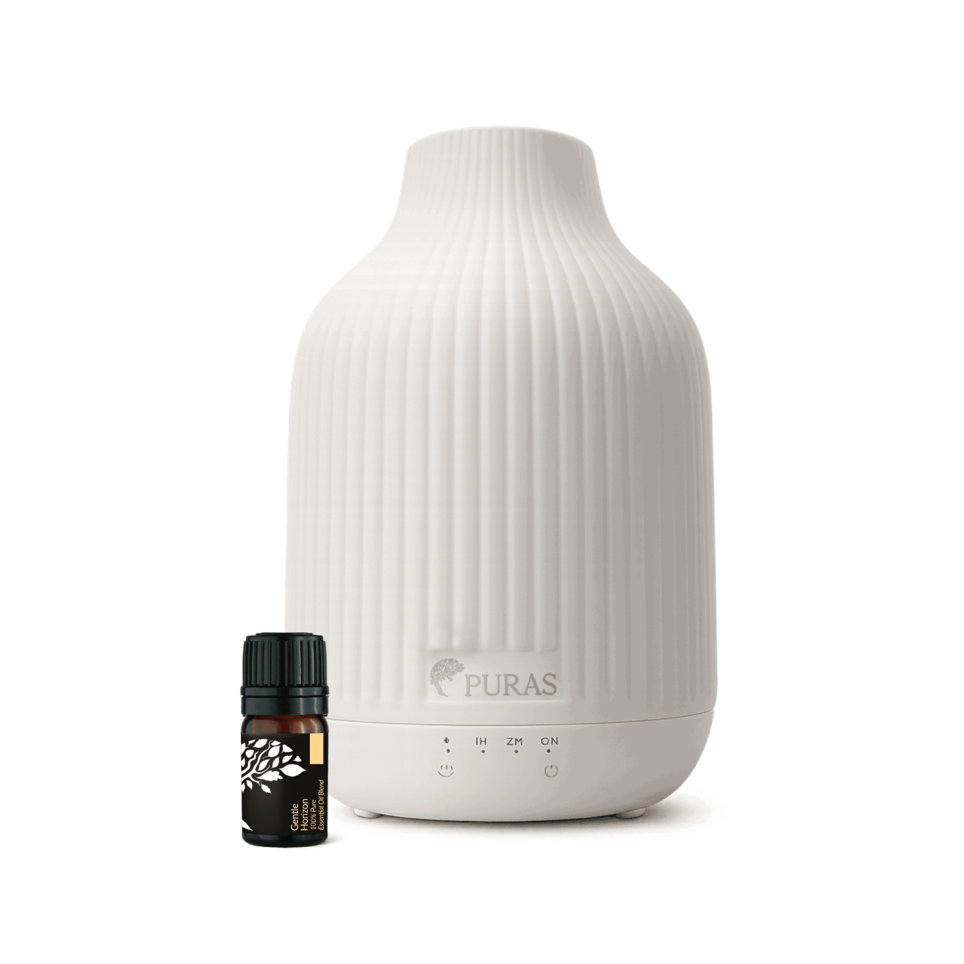 A white ribbed ceramic diffuser bottle with a small dark amber essential oil bottle placed in front, shown on a clean white background. The diffuser has the PURAS logo printed on the front.