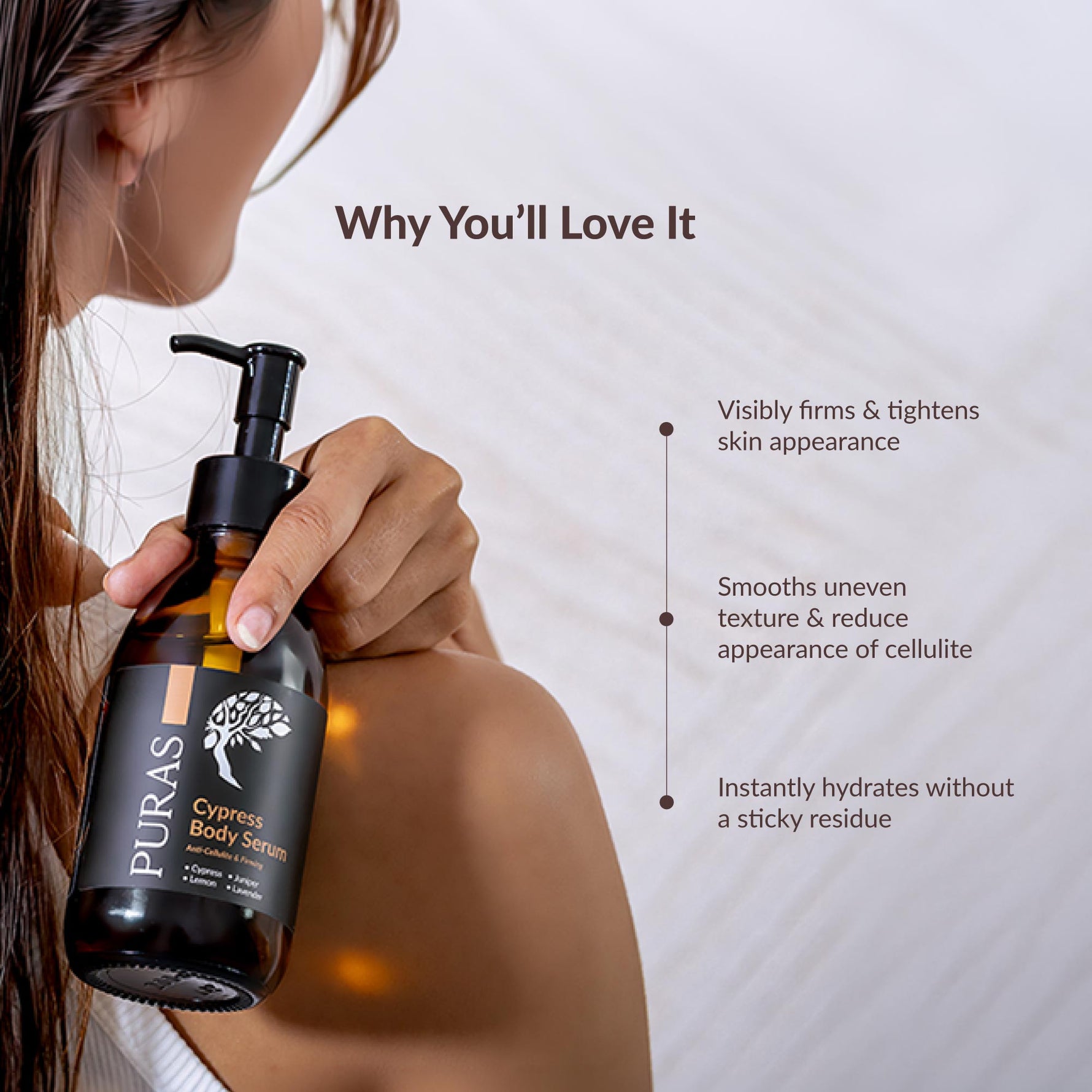 Person holding a bottle of Puras Cypress Body Serum with text highlighting its benefits on a light background