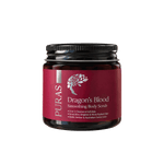 A bottle of Dragon's Blood Smoothing Body Scrub and a dark red label, shown on a plain white background.