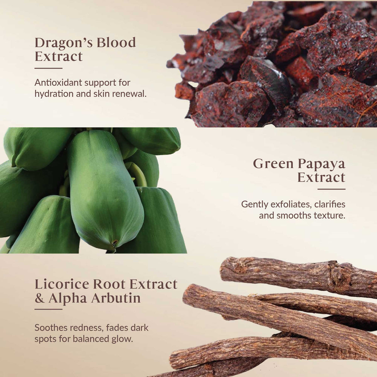 Three natural extracts with their respective benefits on a beige background