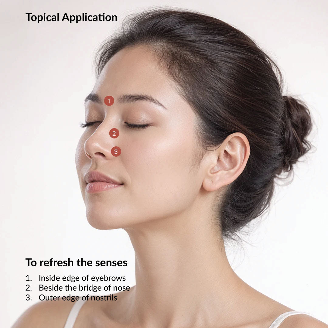 Woman with labeled points on her face for refreshing senses, on a white background