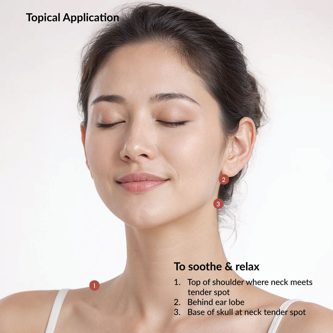 Woman with closed eyes, showing points on her neck and ear for relaxation.