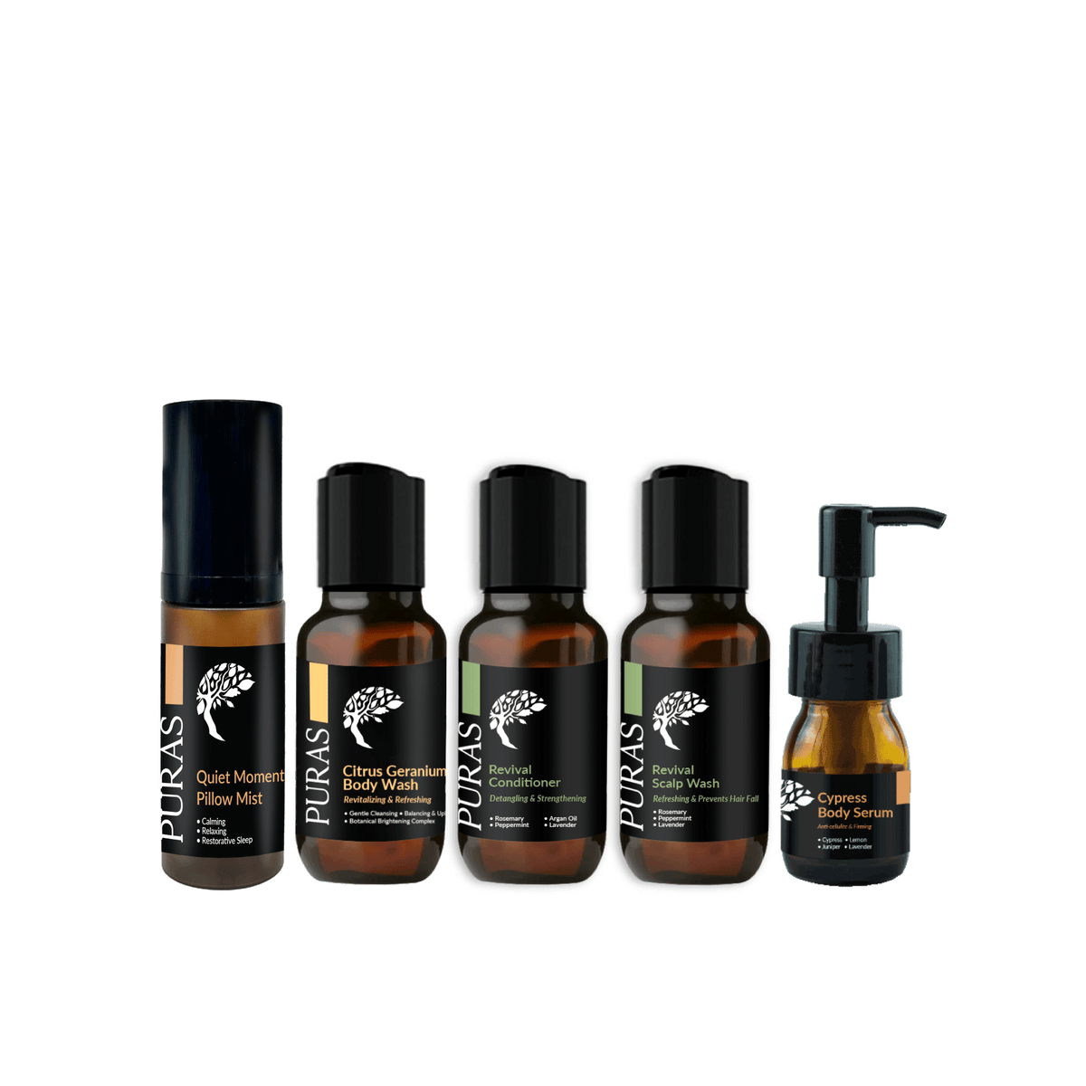 Set of Puras pillow mist and wellness products on a white background
