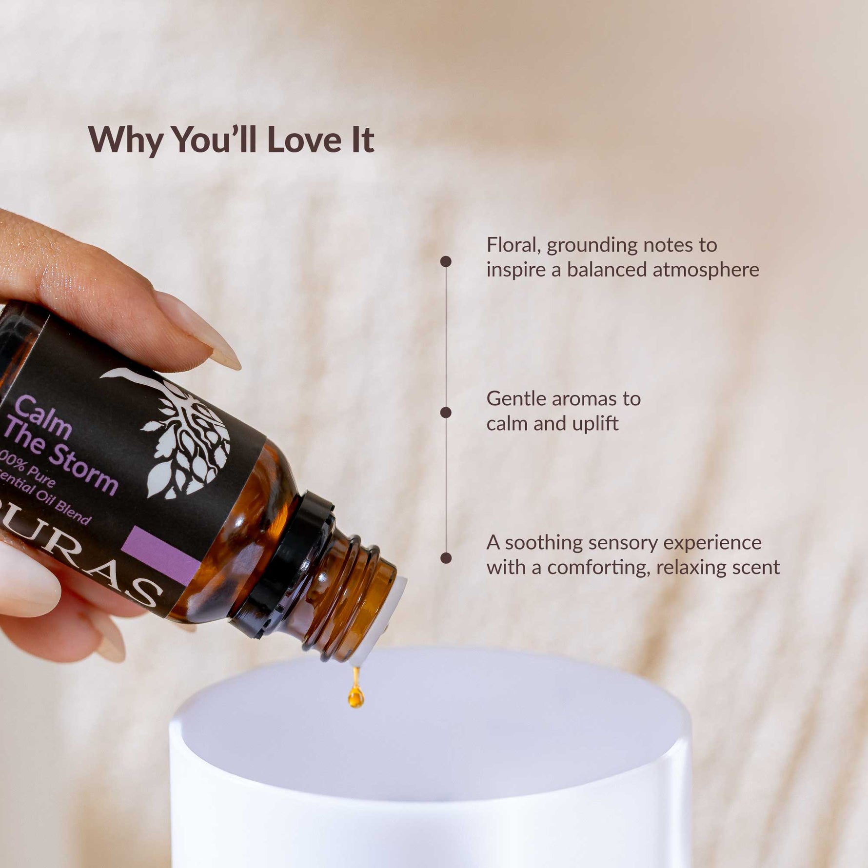 Bottle of 'Calm the Storm' oil blend being poured into a candle with text highlighting its benefits.