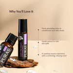 Two bottles of PURAS essential oil on a wooden surface with text about their benefits.