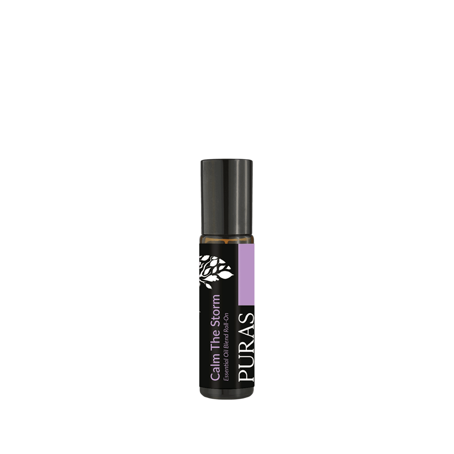Roll-on bottle labeled 'Calm The Storm' by 'PURAS' on a transparent background