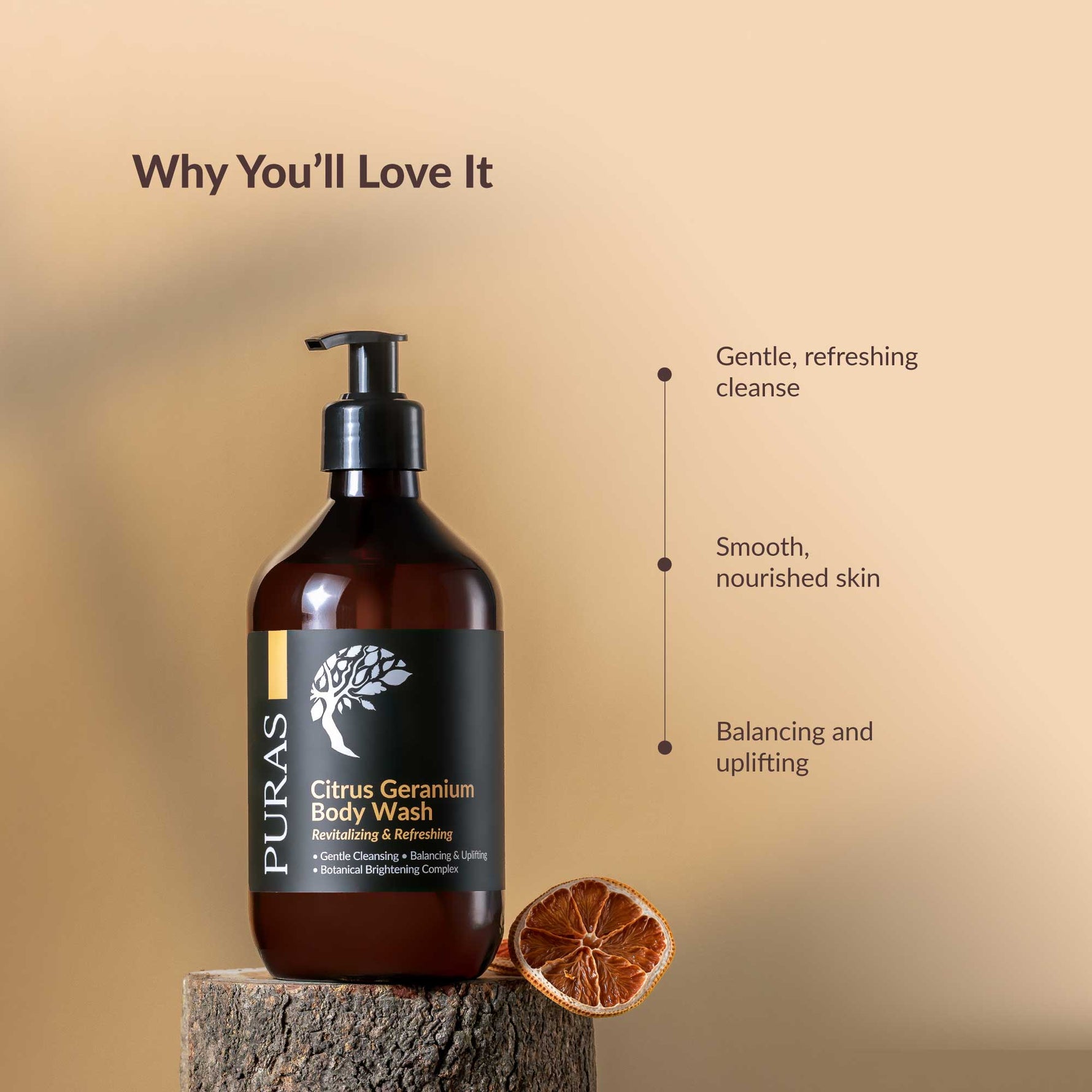 Puras Citrus Geranium body wash bottle on a wooden block with a brown background