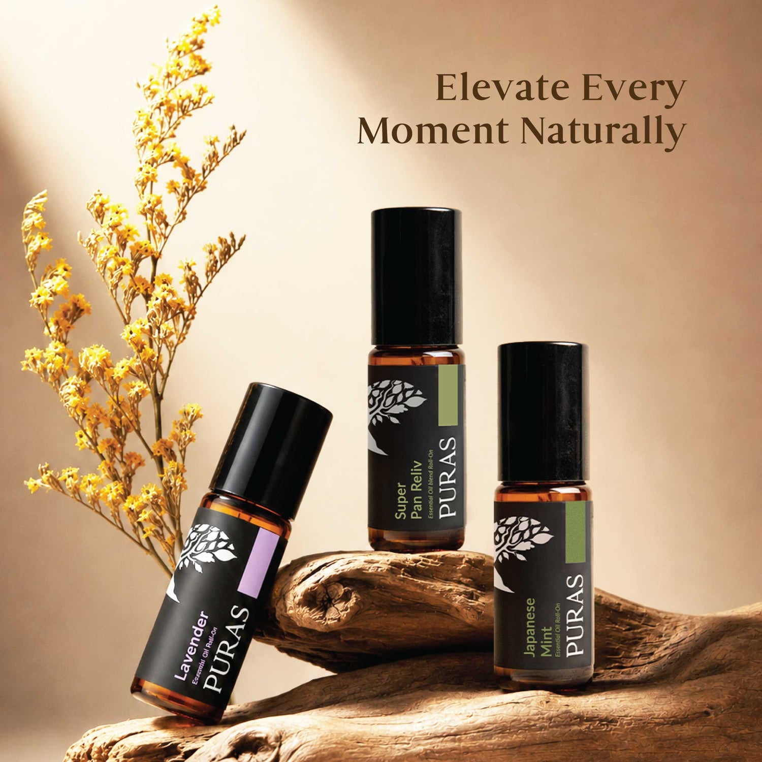 Three PURAS essential oil roller bottles arranged on a piece of driftwood with dried yellow flowers against a warm beige background. Text at the top reads 'Elevate Every Moment Naturally.