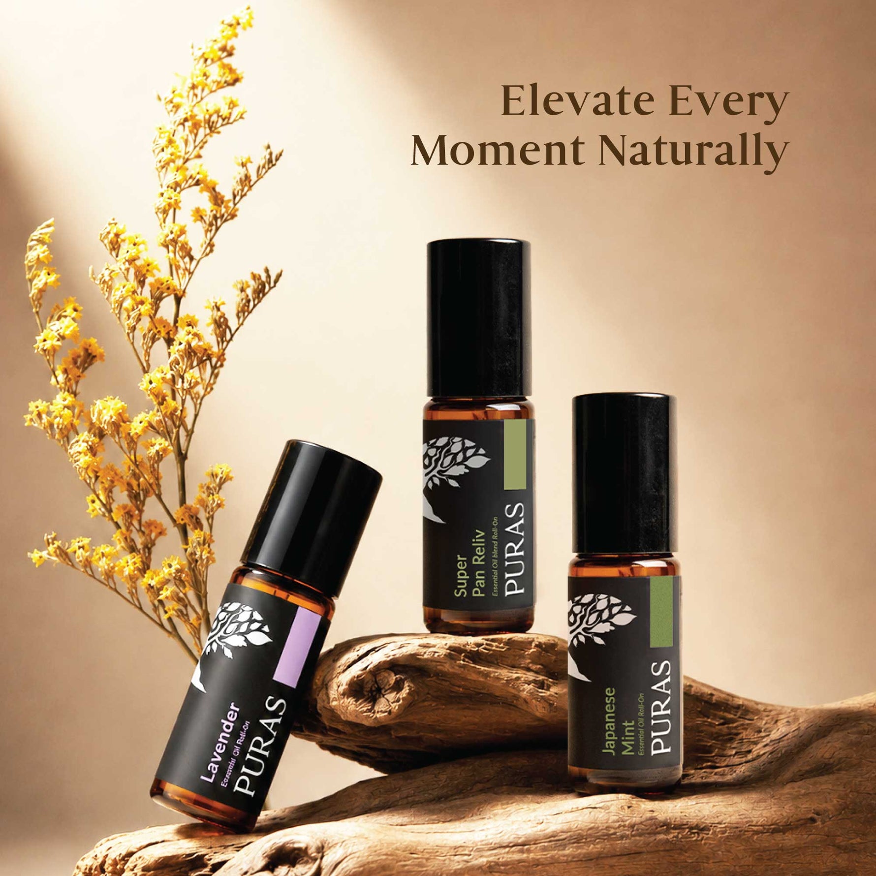 Three PURAS essential oil roller bottles arranged on a piece of driftwood with dried yellow flowers against a warm beige background. Text at the top reads 'Elevate Every Moment Naturally.