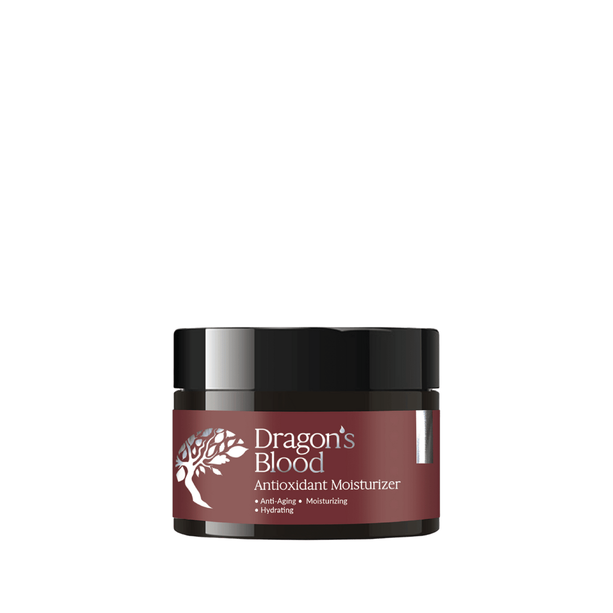 Jar of 'Dragon's Blood' antioxidant moisturizer on a plain background