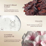 cleanser ingredients including Dragon's Blood Extract, Glycerin, and Geranium Essential Oil with corresponding images and text.