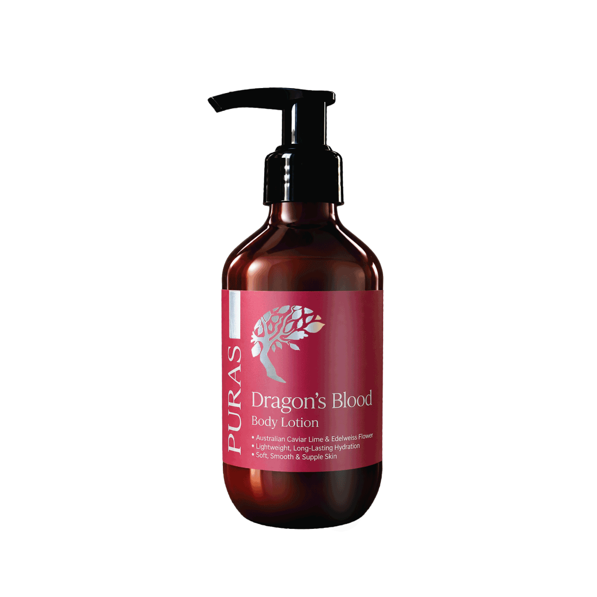 A bottle of Dragon's Blood Body Lotion with a black pump dispenser and a dark red label, shown on a plain white background.