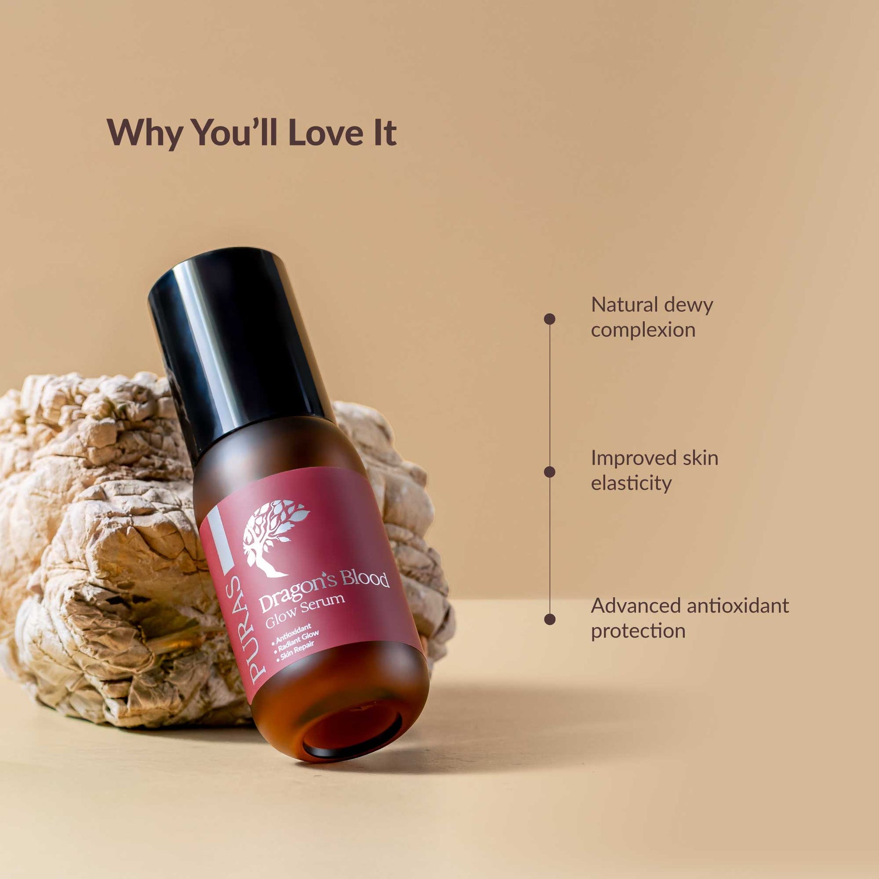Dragon's Blood Glow Serum bottle with natural elements on a beige background