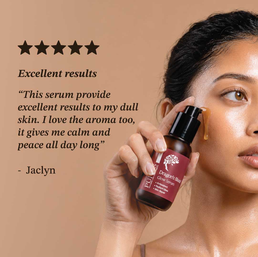 Woman holding a dragon's blood glow serum bottle with a five-star rating and customer review on a beige background