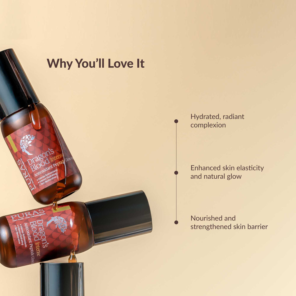 Two bottles of a Dragon's Blood Intense Peptide Glow Serum product with text highlighting benefits on a beige background
