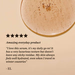 Dragon's Blood Glow Serum texture with bubbles on a beige background and customer review text.