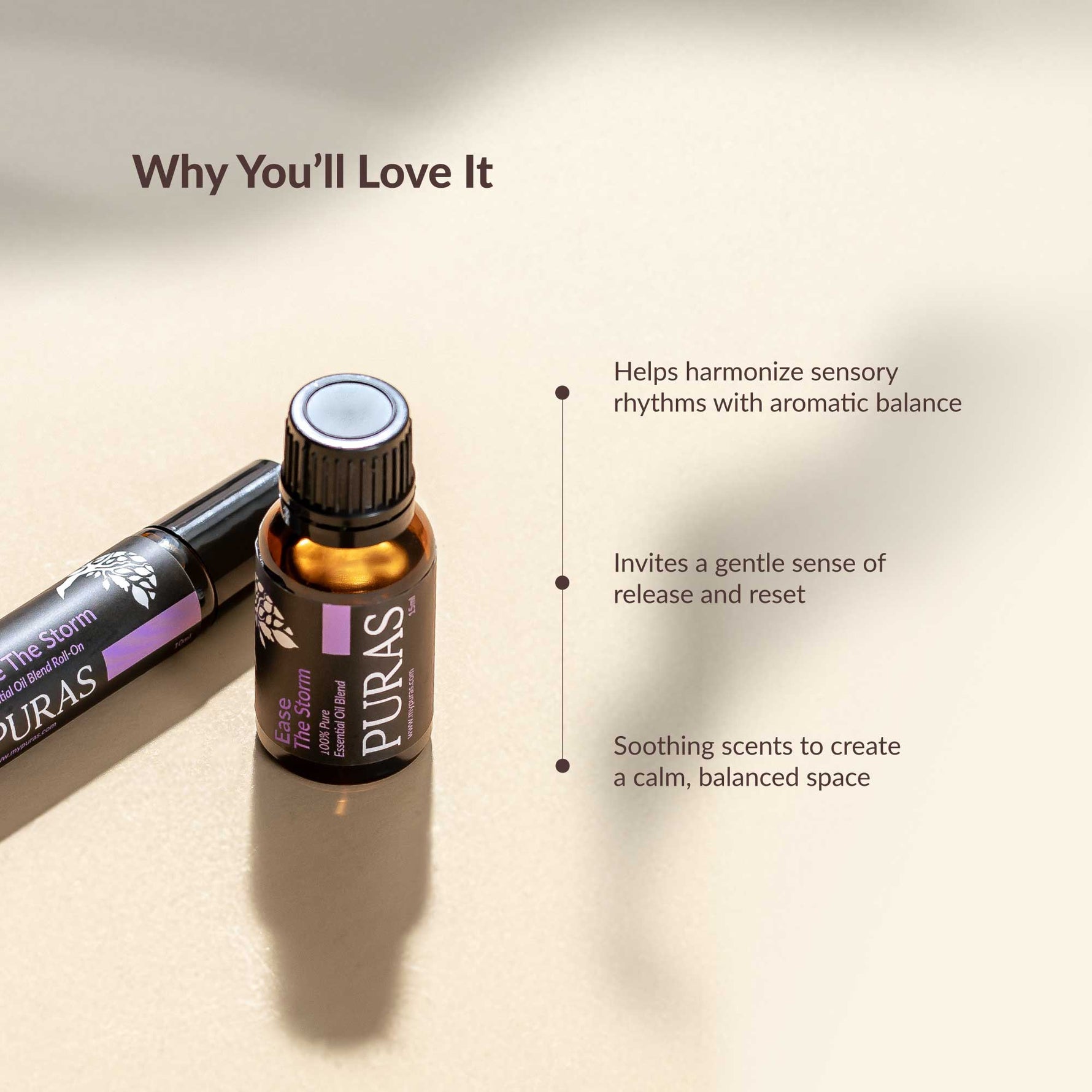 Two bottles of PURAS essential oils on a beige background with text about their benefits.