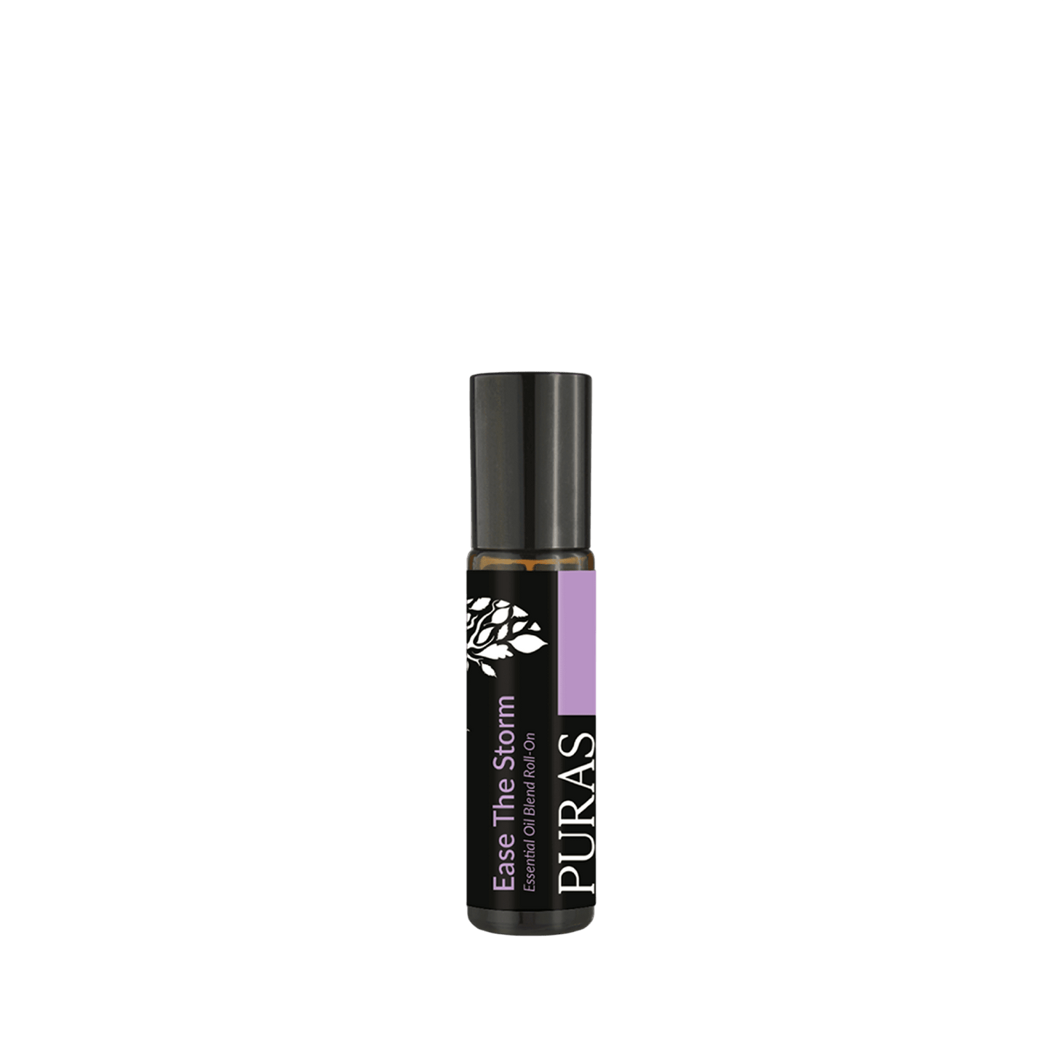 Roll-on bottle labeled 'Ease The Storm' by 'PURAS' on a transparent background
