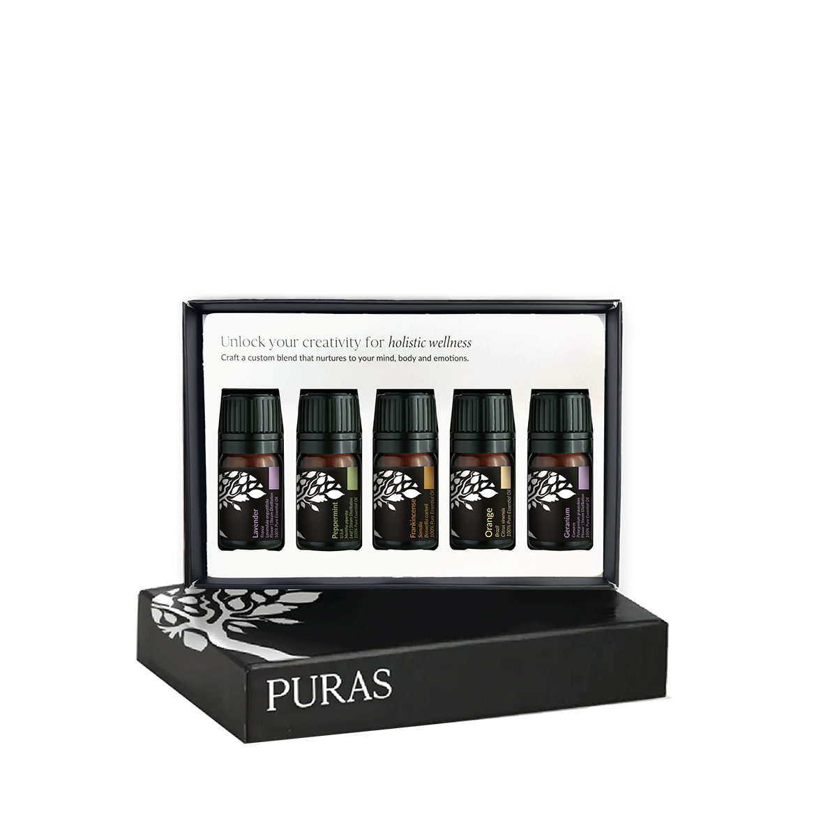 Puras essential oils gift set in a black presentation box with five small dark bottles displayed inside on a white insert, with the brand name PURAS printed on the front of the box.