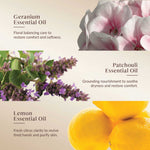 Promotional graphic for Geranium, Patchouli, and Lemon Essential Oils with corresponding images and descriptions.
