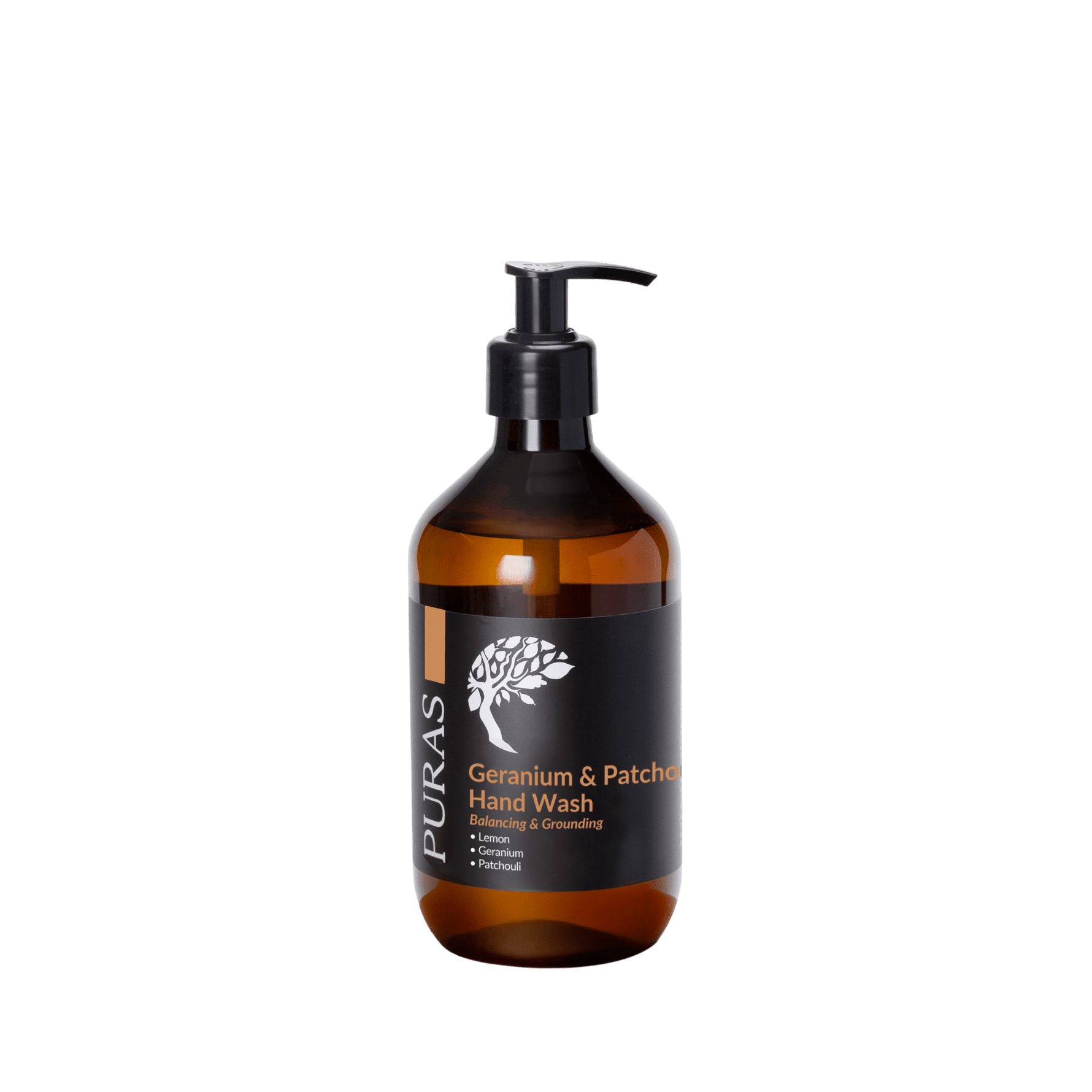 Brown bottle of Puras Geranium and Patchouli on a transparent background