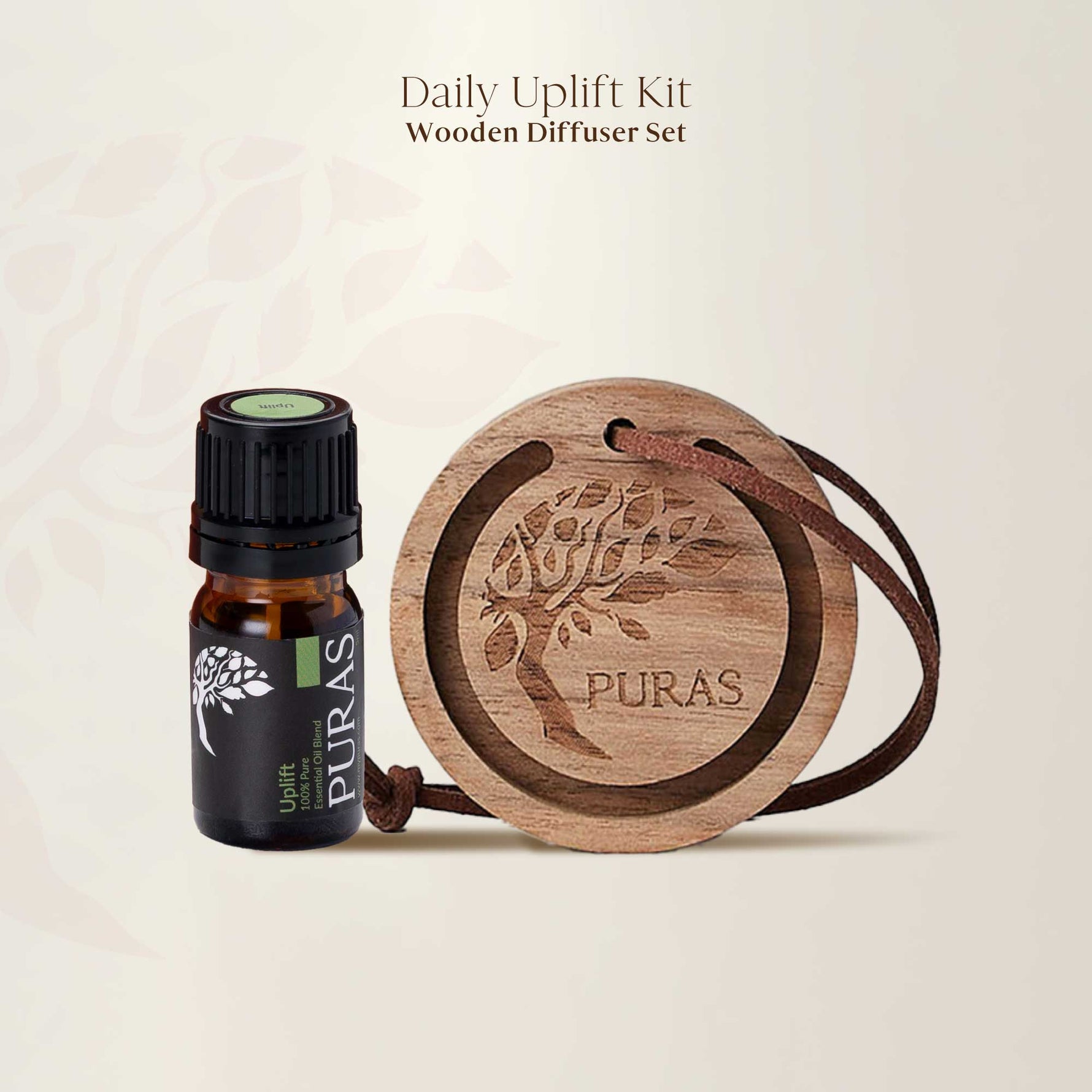 Wooden diffuser set with Puras essential oil bottle on a beige background
