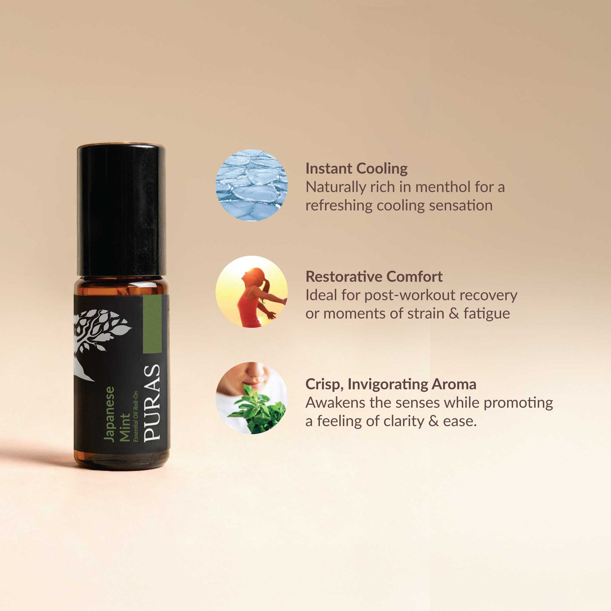 A small PURAS Japanese Mint essential oil roller bottle on a warm beige background, with three circular feature callouts and text describing instant cooling, restorative comfort, and crisp invigorating aroma.