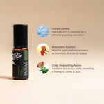A small PURAS Japanese Mint essential oil roller bottle on a warm beige background, with three circular feature callouts and text describing instant cooling, restorative comfort, and crisp invigorating aroma.