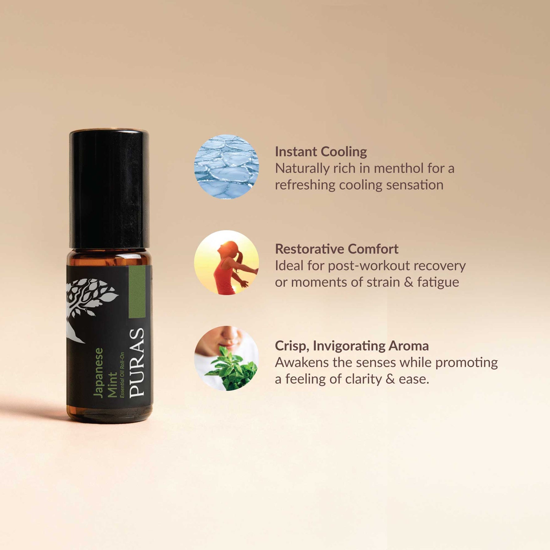 A small PURAS Japanese Mint essential oil roller bottle on a warm beige background, with three circular feature callouts and text describing instant cooling, restorative comfort, and crisp invigorating aroma.