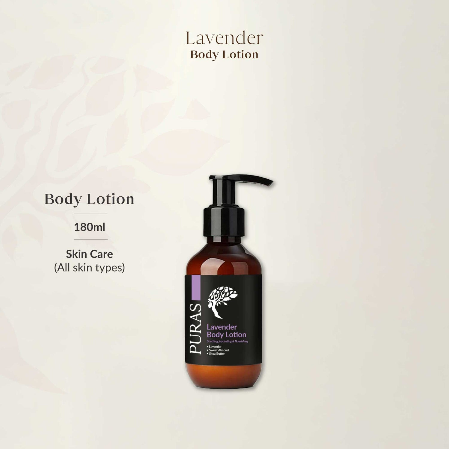 Puras lavender body lotion bottle on a light beige background
