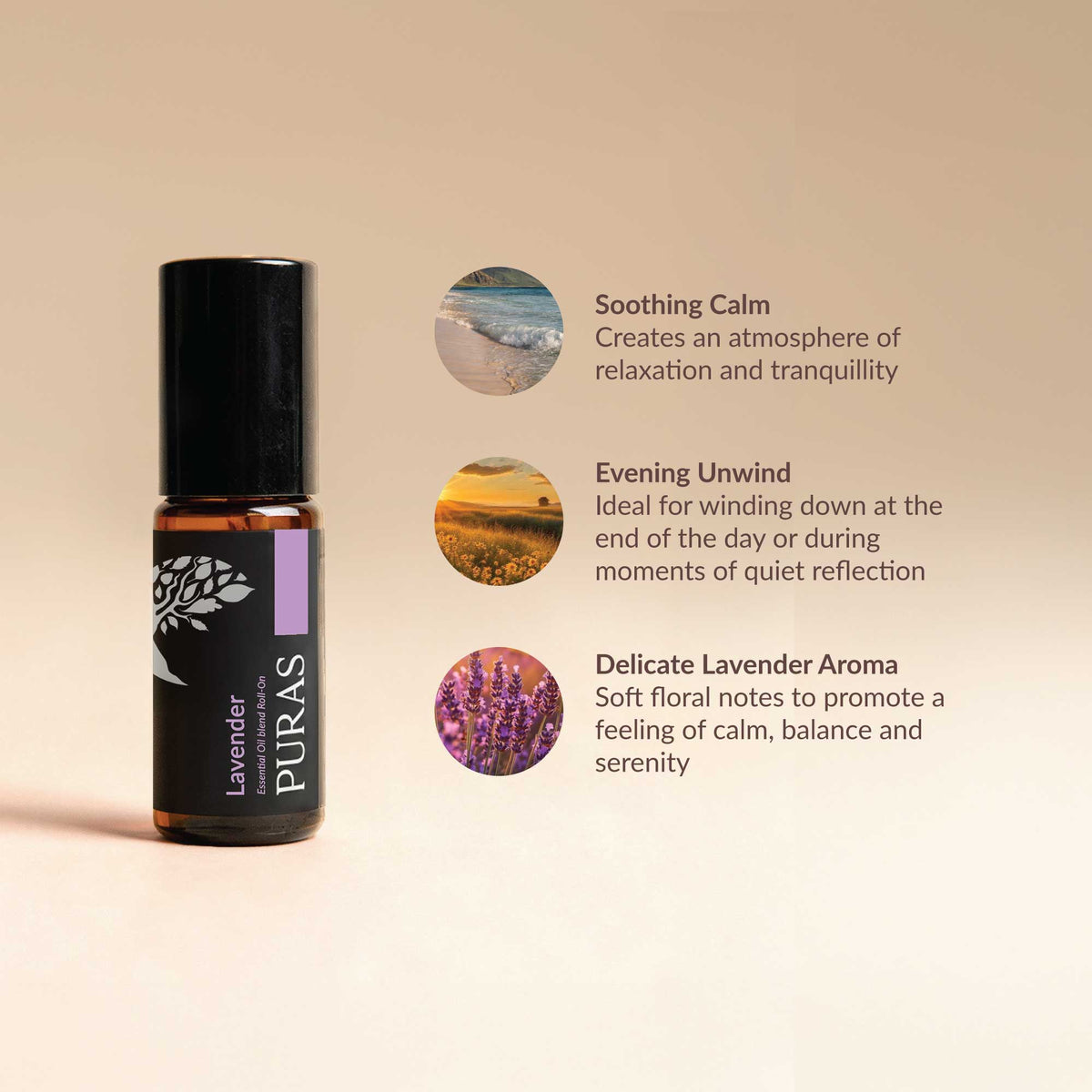 A bottle of PURAS Lavender essential oil roller on a warm beige background, accompanied by three circular lifestyle-style icons and descriptive text about calming, winding down, and lavender aroma benefits.