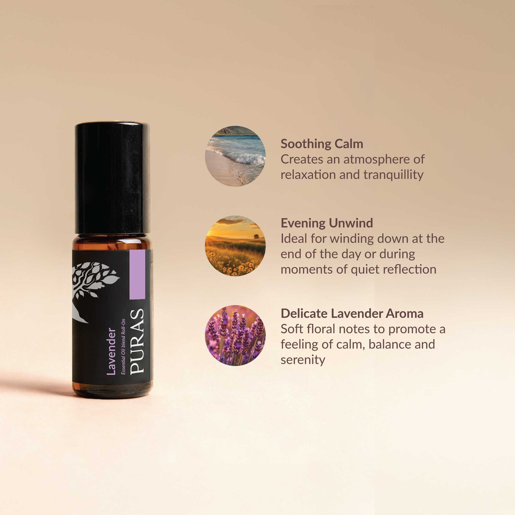 A bottle of PURAS Lavender essential oil roller on a warm beige background, accompanied by three circular lifestyle-style icons and descriptive text about calming, winding down, and lavender aroma benefits.