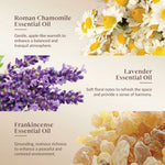 Promotional image of Roman Chamomile, Lavender, and Frankincense essential oils with corresponding flowers and resin.