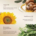 Promotional graphic featuring argan oil, sunflower oil, and rosemary essential oil with corresponding images and text.