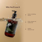 Puras Revival Scalp Wash bottle with water splash on a beige background