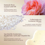 Cosmetic ingredients with Damask Rose Extract and Oil, Galactomyces Ferment Filtrate, Saccharide Isomerate, Hyaluronic Acid, and Vitamin B12 on a beige background.