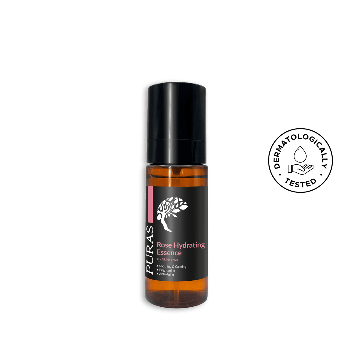 Puras Rose Hydrating Essence bottle with black cap on a transparent background