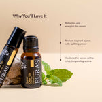 Puras Super Clear Up essential oil bottles with a leaf on a beige background