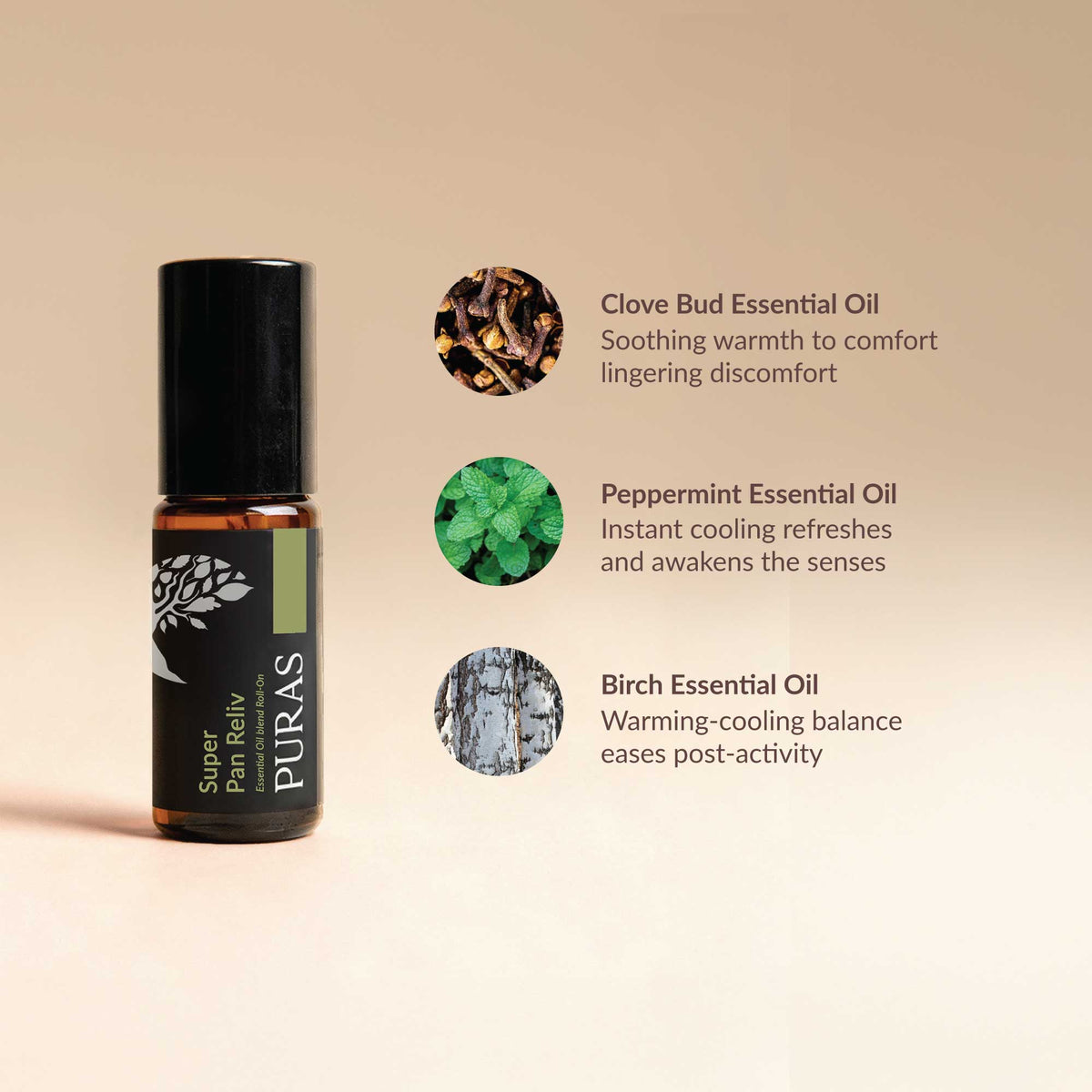 A small PURAS essential oil bottle labeled Super Pain Reliv stands on a warm beige background beside three circular ingredient images and text for Clove Bud Essential Oil, Peppermint Essential Oil, and Birch Essential Oil.